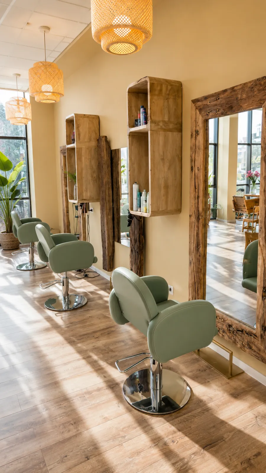 Postazioni styling del salone di Olbia con poltrone verde salvia e lampade in rattan